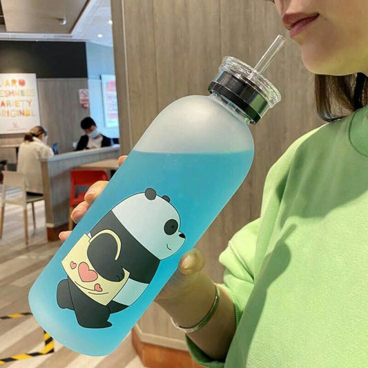 Cute Bear Print Frosted Water Bottle – Straw Lid, 1000ml