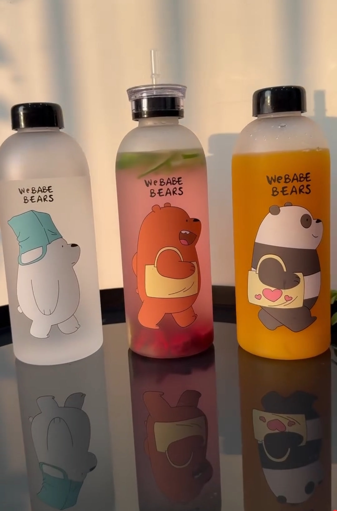 Cute Bear Print Frosted Water Bottle – Straw Lid, 1000ml
