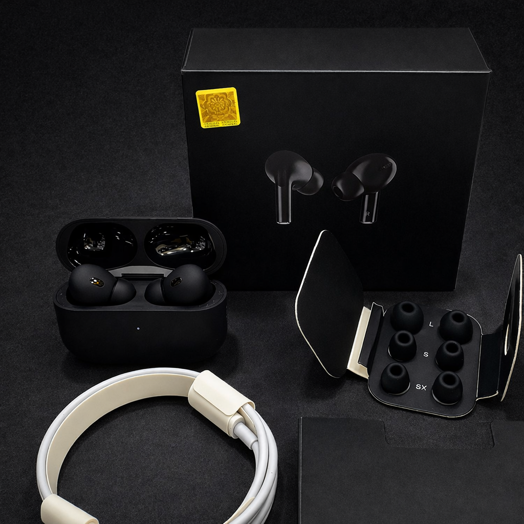 Black Pro 2 earbuds, complete with a box pack and full accessories| Airpods